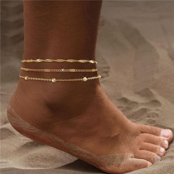 Gold Anklets for Women Waterproof Cuban Link Anklet Beaded Bracelets - Picture 2 of 6
